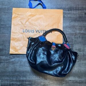 Louis Vuitton Black Mahina Leather Shoulder Bag with Blue & red accents.